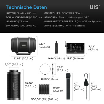 Kit di aspirazione AC-Infinity Pro 1370 m³/h ø200 mm con Controller AI+