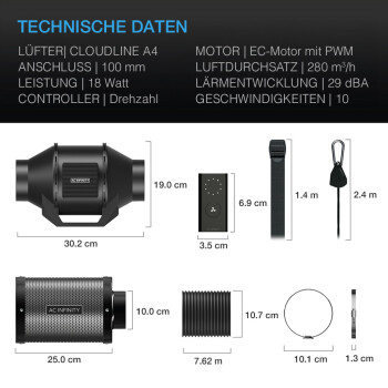 Kit di aspirazione AC-Infinity 280 m³/h ø100 mm 10 livelli con regolatore